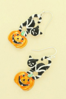 Halloween Black Cat On Pumpkin Earrings
