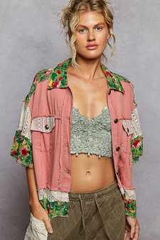 POL Lace Patch Floral Half Sleeve Shacket