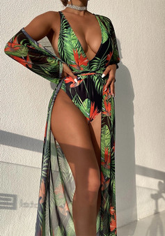 Women Printed Bodysuit and Cover Up Bikini Two-Piece Set