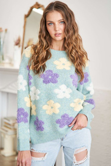 ADORA Full Size Floral Popped 2-Tone Sweater Top Plus Size