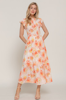 Ruffl Slv Smocked Floral Print Dresss​