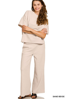 Zenana Ribbed Round Neck Tee & Pants Set