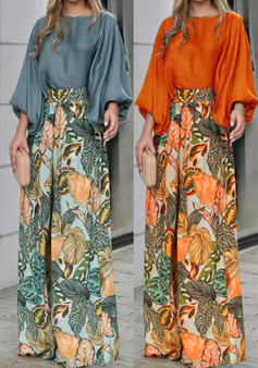 Summer women's suit lantern sleeves loose top printed wide-leg pants two-piece set