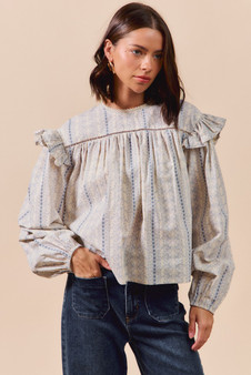 SO ME Floral Cotton Print Ruffled Long Sleeve Blouse