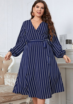Career Stripe Loose V-Neck Plus Size Belted Women's Dress