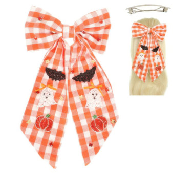 Halloween Gingham Theme Bow Ribbon Barrette Clip