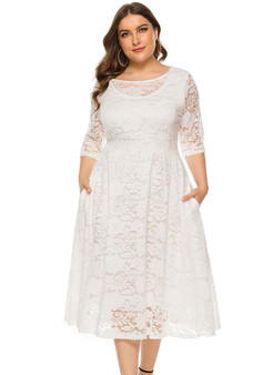 Plus Size Evening Dress Mid Length Cutout Lace Pocket Dress