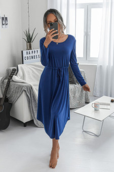 Solid Round Neck Long Sleeve Drawstring Dress