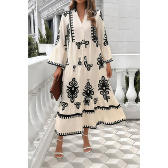 V Neck Stand Collar Button Floral Splicing Dress