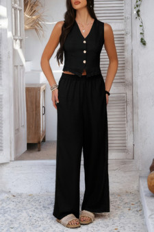 Solid Two Pieces Button Lace Hem Long Sets