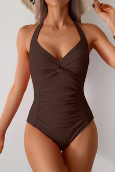 V Neck Halter One Piece Ruched Backless Swimsuit