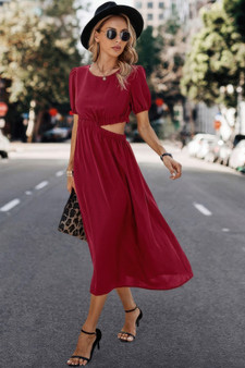 Solid Round Neck Cutout Waist A Line Midi Dress