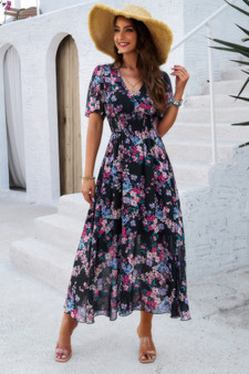 Boho Floral Print High Waist Band Fit Lined Dress​