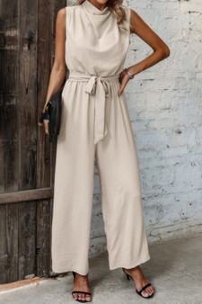 Solid Sleeveless Cut Out Back Belted Jumpsuit