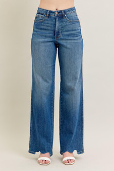 Judy Blue Full Size High Waist Tummy Control Chew Hem Destroy Wide Jeans Plus Size