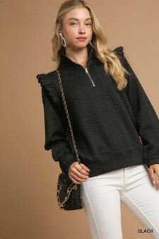 Umgee Cable Knit Textured Pullover with Ruffle Shoulders