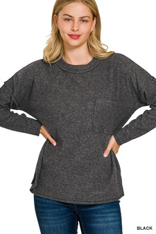Zenana Ribbed Brushed Melange Hacci Sweater with Chest Pocket