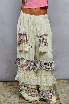 POL Drawstring Double Gauze Wide Leg Pants with Print and Lace Ruffle
