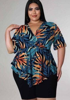 Plus Size Women Printed T-Shirt and Shorts Two-Piece Set