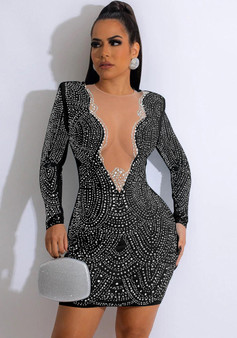 Women's Fashion Solid Color Beaded Mesh V-Neck Long Sleeve Dress