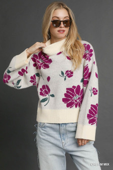Umgee Floral Patterned Mock Neck Sweater