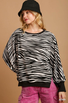Umgee Zebra Striped Fleece Pullover Sweater Shirt
