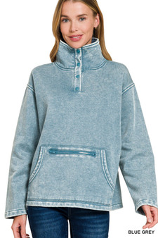 Zenana Fleece Washed High Neck Kangaroo Pocket Sweatshirt