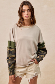 BiBi Camo Sleeve French Terry Top with Frayed Edge