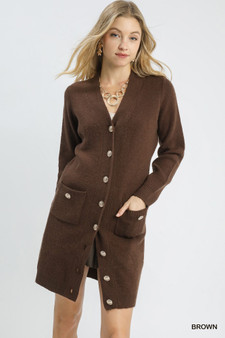 Umgee Button-Down Longline Sweater Cardigan with Front Pockets