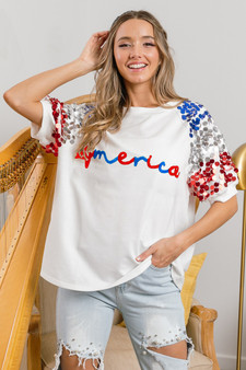 BiBi America Letter Applique Spangle Puff Sleeves Top