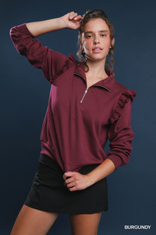 Umgee Luxeknit Ruffle Shoulder Quarter-Zip Sweatshirt