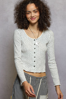 POL Button Down Polka Dot Ribbed Cardigan