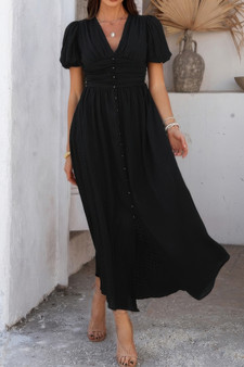 Solid V Neck Puff Sleeves Solid Knot Detail Dress​​