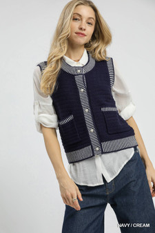 Umgee Contrast Striped Trim Button-Down Sweater Vest