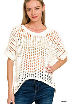 Zenana Fish Net Short Sleeve Crochet Knit Cover Up