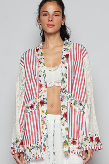 POL Lace Long Sleeve Striped Cardigan with Floral Patchwork Detail