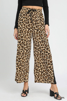 Umgee Leopard Print Wide-Leg Drawstring Pants