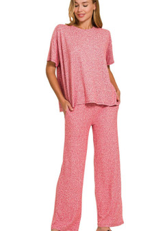 Zenana Soft Melange Short Sleeve Tee & Long Pants Set