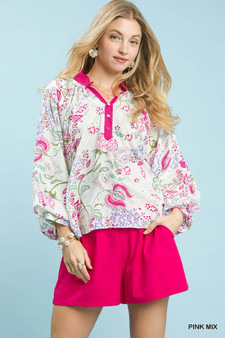 Umgee Paisley Floral Contrast Trim Blouse
