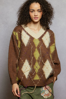 POL V-Neck Argyle Pattern Mohair Sweater with Contrast Exposed Stitch Detail