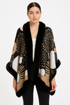 Abstract Print Faux Fur Trim Cape In Black & Camel