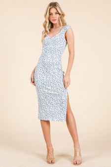 Cap Sleeve Shirred Printed Midi Dress W/ Side Slit