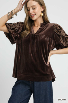 Umgee Full Size Velvet Embroidered Sleeve Blouse Plus Size