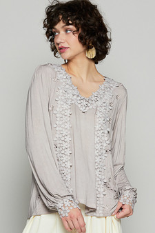 POL Floral Embroidery Woven Top with Lace Trim
