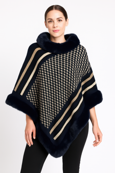 Patterned Knit Poncho With Faux Fur Trim​​​