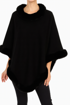 Classic Black Poncho With Faux Fur Trim​