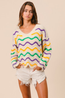 BiBi Mardi Gras Wavy Stripes V-Neck Sweater