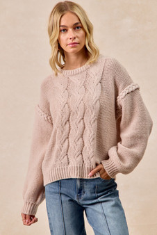 BiBi Cable Knit Sweater with Shoulder Braid Detail