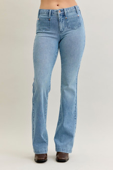 Judy Blue Full Size Mid Rise Bootcut Jeans with Contrast Wash & Front Patch Pockets Plus Size