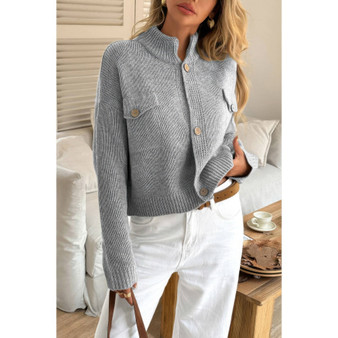 Button Down Long Sleeve Textured Knit Jacket